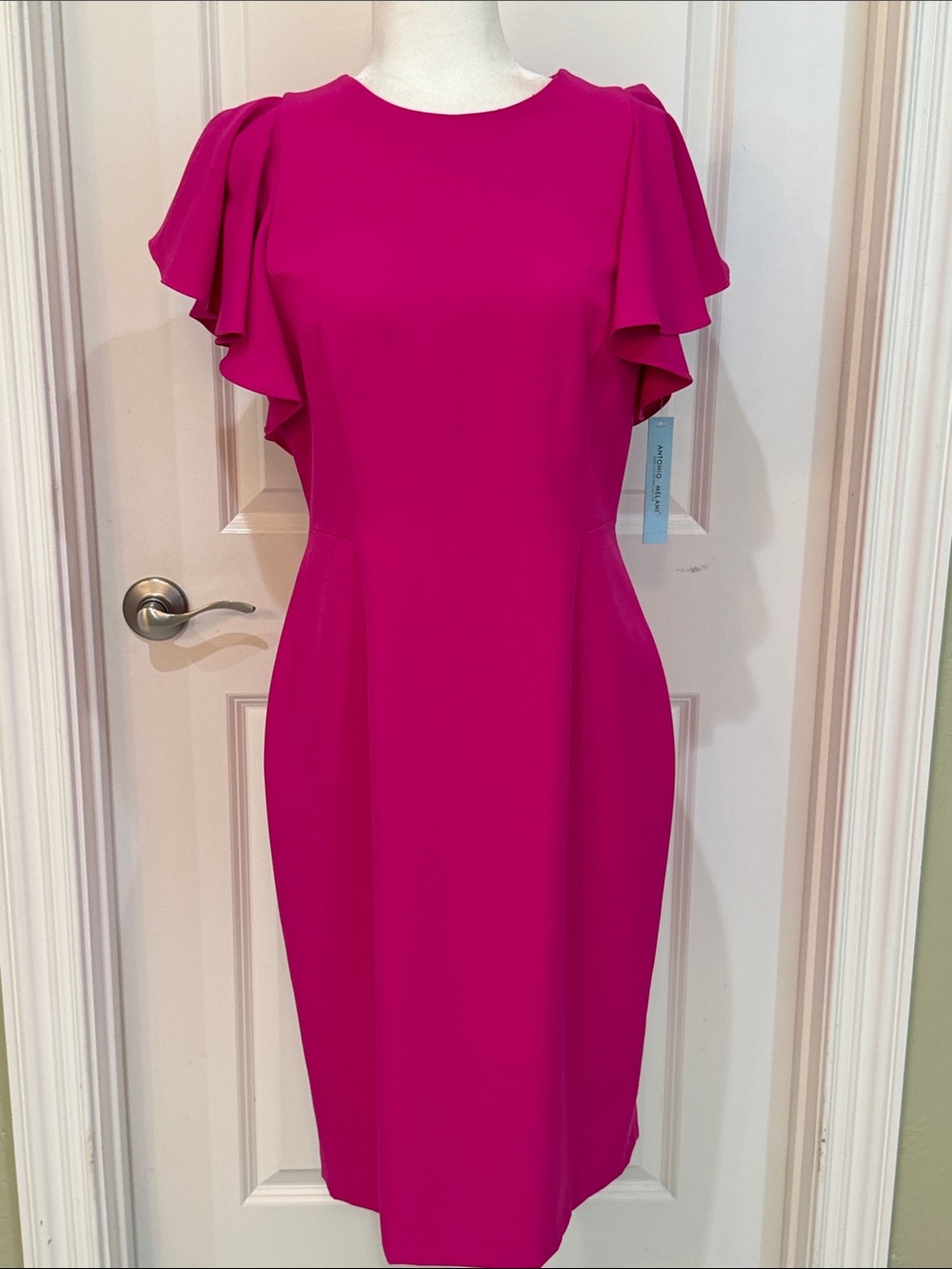 Feminine Fuchsia Flutter-Sleeve Sheath Dress Business Workwear
